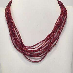 Red Glass Bead Multi Strand Necklace 925 Sterling Ornate Closure Statement Layer